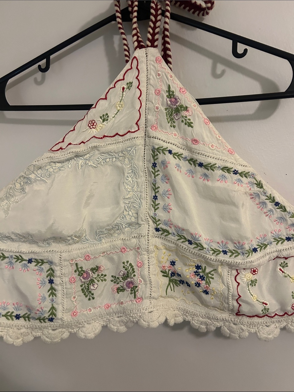 Urban Outfitters Cream Embroidered Halter Crop Top with Multicolor Floral Detail